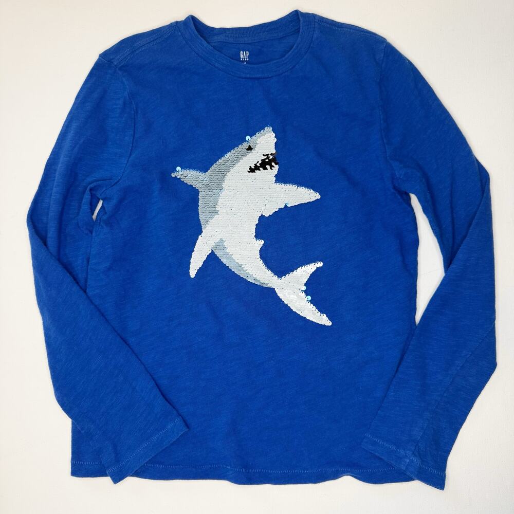 Gap Shark Sequin Flip Blue Long Sleeve T-shirt Kids Medium